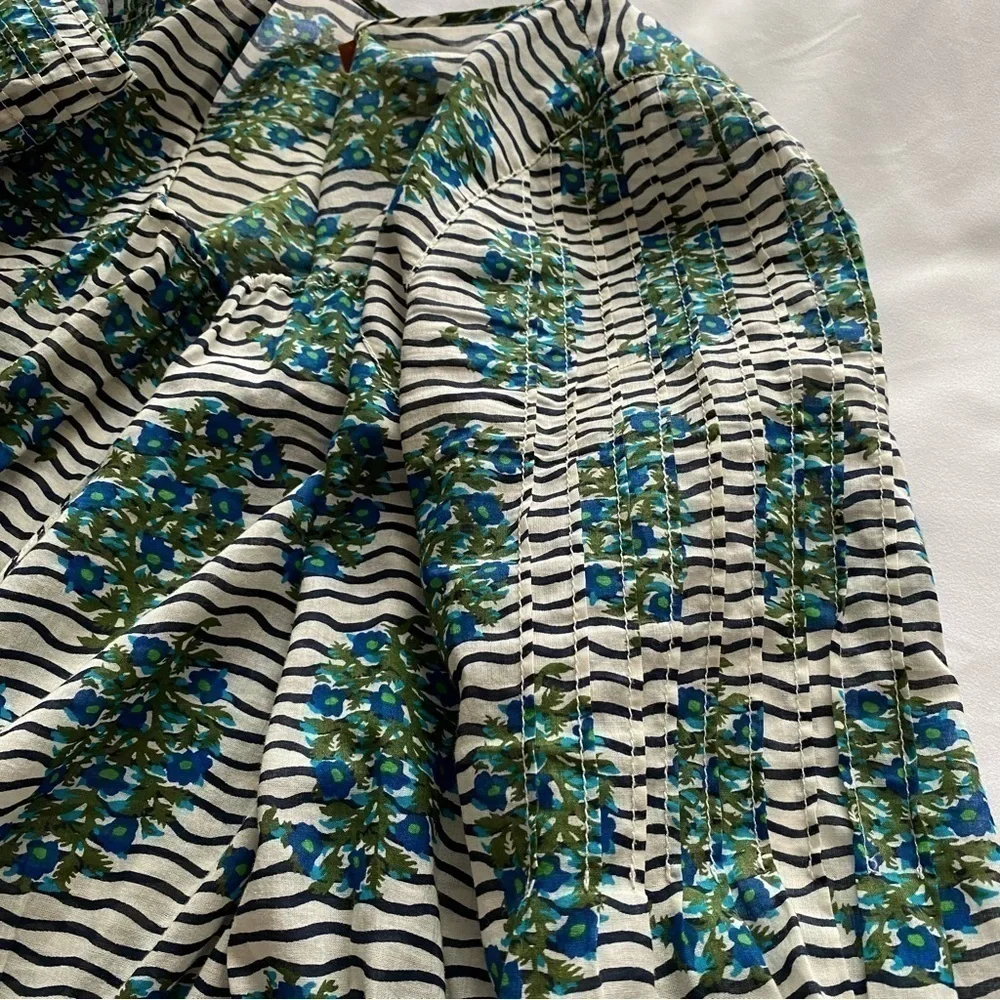 Tory Burch Top white Green Flora Cotton Scoop Neck Keyhole Tunic Elastic waist 6
